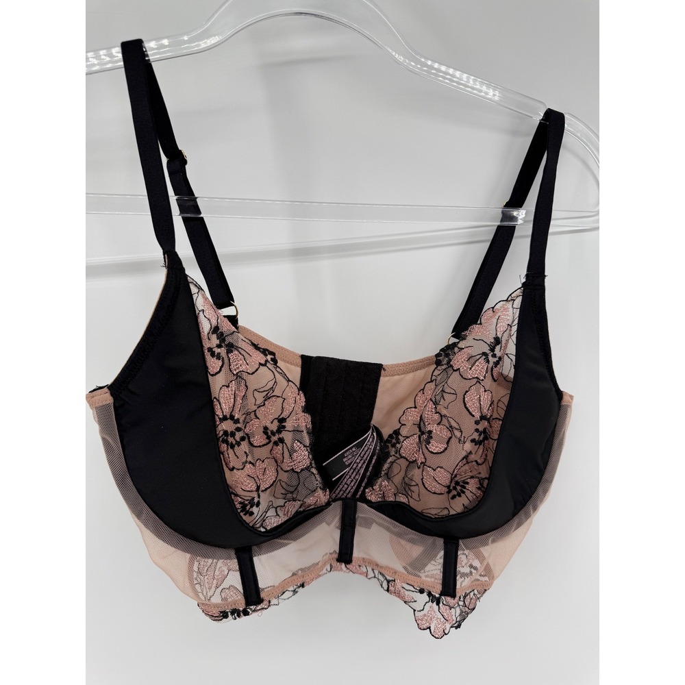 Victorias Secret Very Sexy‎ Longline Bra 36D Black Pink Floral Embroidered Mesh
